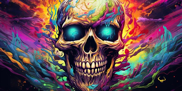 AI Generated AI Generative Vintage retro color bright acid colors psychedelic human skull