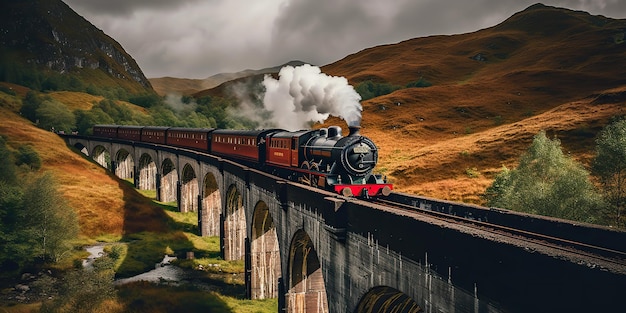 Photo ai generated ai generative vintage retro express train railway go in beautiful landscape on bridge graphic art