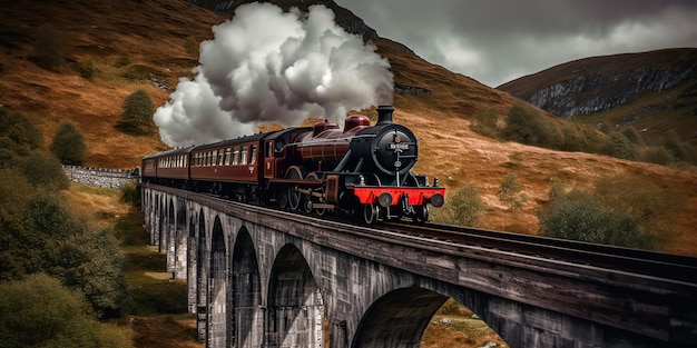 Photo ai generated ai generative vintage retro express train railway go in beautiful landscape on bridge graphic art