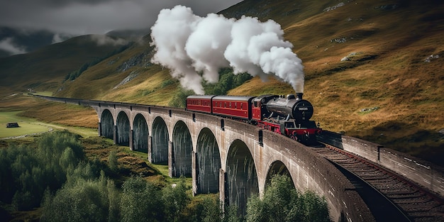 AI Generated AI Generative Vintage retro express train railway go in beautiful landscape on bridge Graphic Art