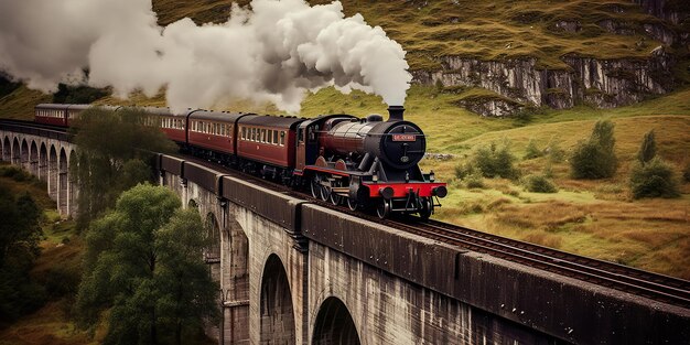 Photo ai generated ai generative vintage retro express train railway go in beautiful landscape on bridge graphic art