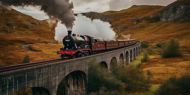 Photo ai generated ai generative vintage retro express train railway go in beautiful landscape on bridge graphic art