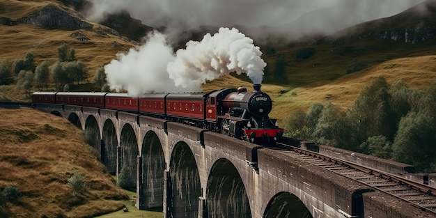 Photo ai generated ai generative vintage retro express train railway go in beautiful landscape on bridge