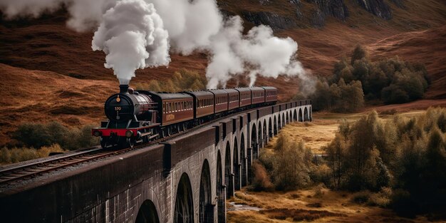 Foto ai generato ai generativo la ferrovia del treno espresso retrò vintage va in uno splendido paesaggio sul ponte