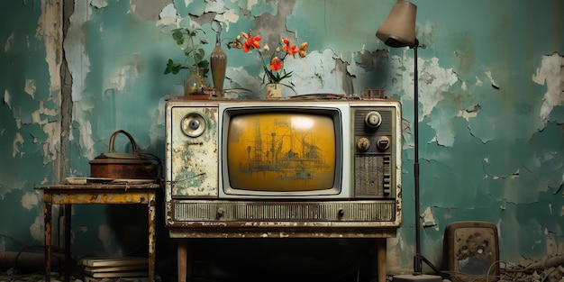 AI Generated AI Generative Vintage retro old antique tv television box close to the wall