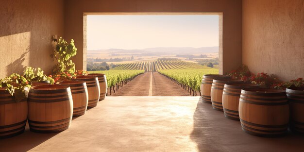 Ai generated ai generative vintage vineyard wine barrel industry with wine grape field