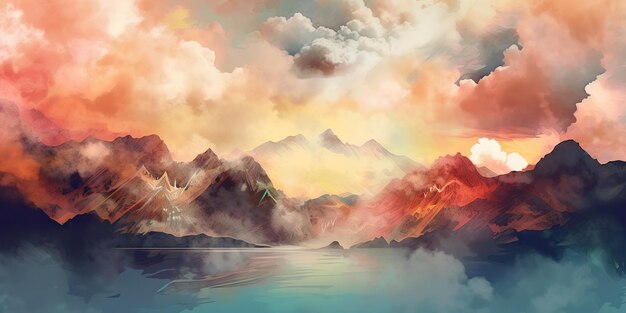 AI Generated AI Generative Vintage water color pattete drawing landscape mountain sky outdoor