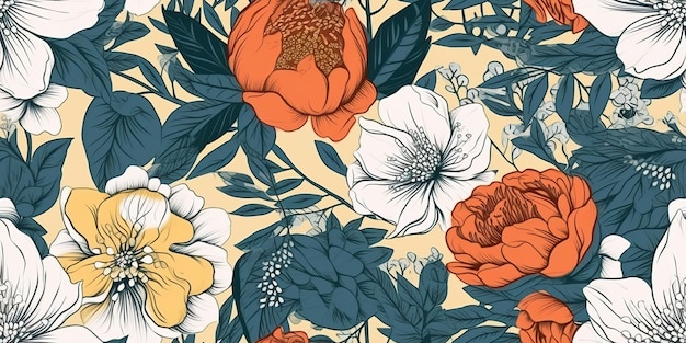 AI Generated AI Generative Vintahe retro hand drawn flowers pattern in boho style Graphic Art