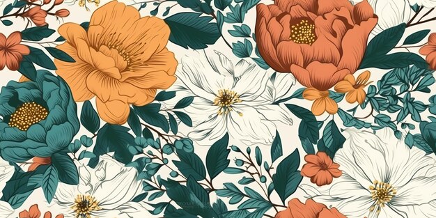 AI Generated AI Generative Vintahe retro hand drawn flowers pattern in boho style Graphic Art