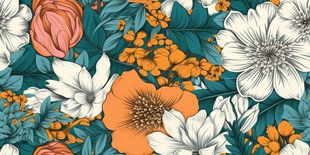 AI Generated AI Generative Vintahe retro hand drawn flowers pattern in boho style Graphic Art