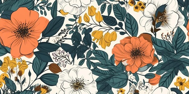 Photo ai generated ai generative vintahe retro hand drawn flowers pattern in boho style graphic art