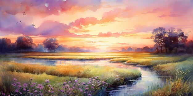 AI Generated AI Generative Watercolor ink drawing painting field meadow sun nature outdoor