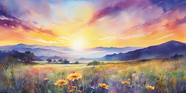 AI Generated AI Generative Watercolor ink drawing painting field meadow sun nature outdoor