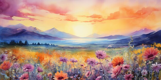 AI Generated AI Generative Watercolor ink drawing painting field meadow sun nature outdoor