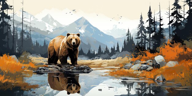 AI Generated AI Generative Wild bear at nature outdoor landscape Forest lake with mountain