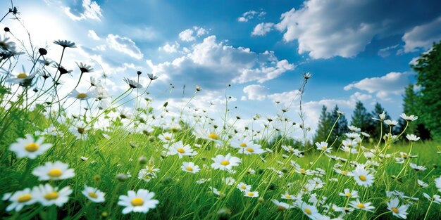 AI Generated AI Generative Wild daisies in the grass with a blue sky photo realistic illustration