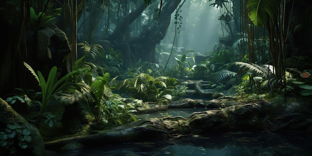 Сгенерированный AI Генеративный AI Дикие тропические джунгли лесной парк дерево пейзаж приключенческое путешествие