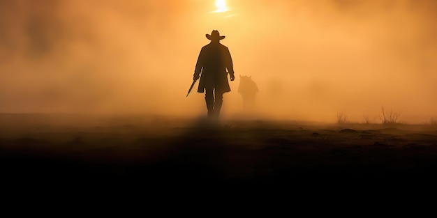 Photo ai generated ai generative wild west western native amrican cowboy texas lanscape adventure vibe fog mist morning graphic art