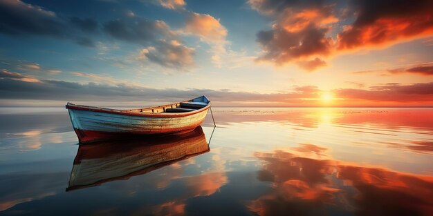 Photo ai generated ai generative wood boat ship on peace calm relaxing lake sea river water