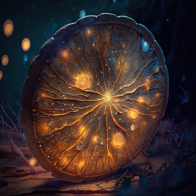 Ai generated alien planet mystic mushroom with glowing spores bokeh Alien planet forest luminous fungus magic plant or fantasy trippy mushroom with flying spores Fantastic glowing at night fungi