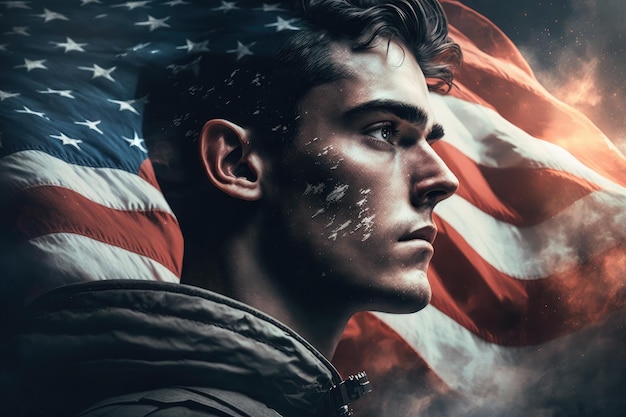 AI generated american hero patriot man at dark USA flag background blowing wind