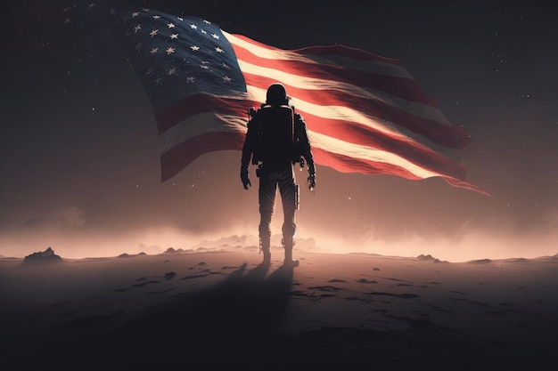 AI generated american hero patriot man at dark USA flag background blowing wind