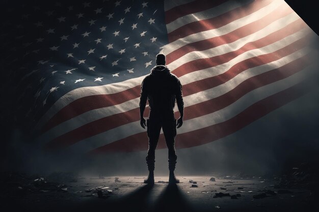 AI generated american hero patriot man at dark USA flag background blowing wind