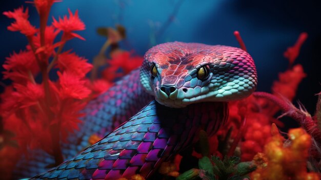 Фото Искусственный интеллект amethystine python змея неоновый цвет иллюстрация фото