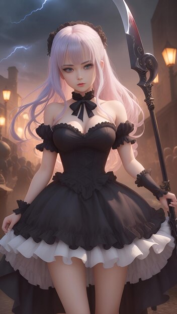 AI generated anime girl in a lolita black dress