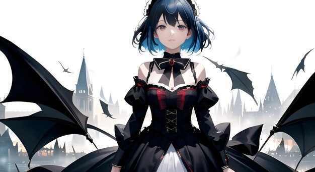 dark anime girl with blue hairs in library, AI Generated 23006684