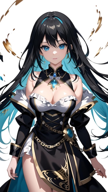 AI generated anime girl with black turquoise hair and black dress