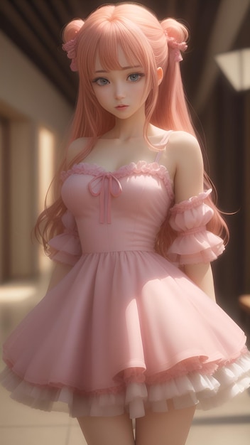 AI generated anime girl with pink hair and pink dress