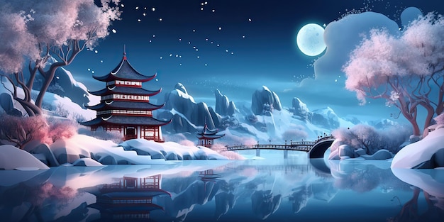 AI Generated Asian chinese cartoon style blue colors pagoda temple tower landscape AI Generative