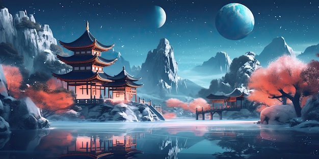 AI Generated Asian chinese cartoon style blue colors pagoda temple tower landscape AI Generative