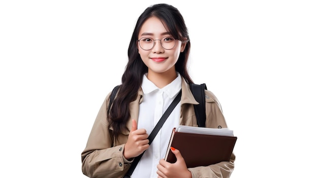 AI сгенерировал азиатскую девушку в очках, держащую книгу и папку в хаки-пальто на белом фоне