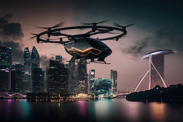 AI によって生成された自律型無人無人航空機が街の背景を飛んでいます