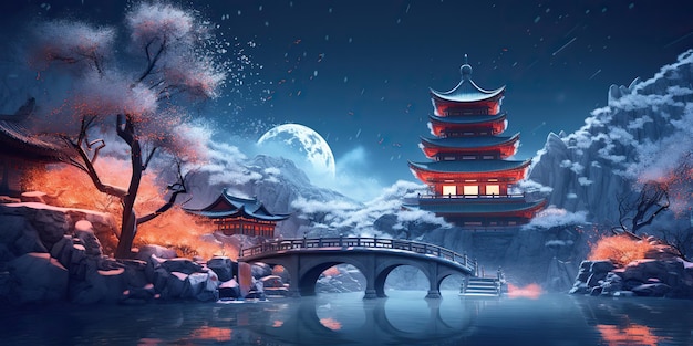 AI Generated Aziatische chinese cartoon stijl blauwe kleuren pagode tempel toren landschap AI Generative