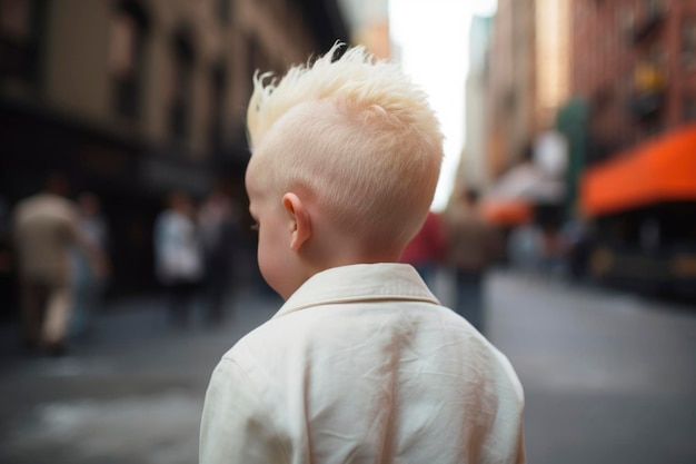 AI generated back view portrait of candid authentic albino little boy at urban street background