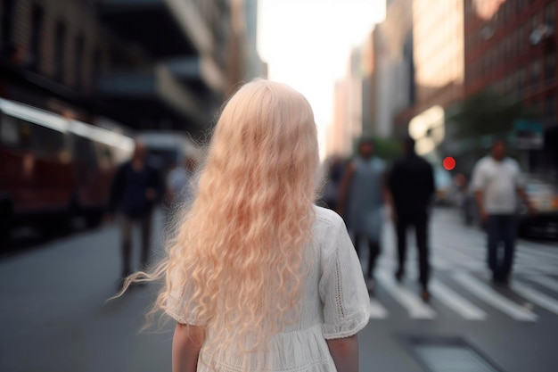 Photo ai generated back view portrait of candid authentic albino little girl at urban street background