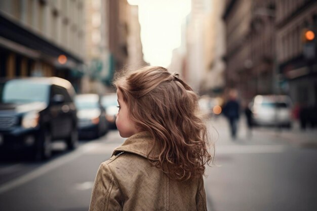 AI generated back view portrait candid authentic little girl brown haired at urban street background