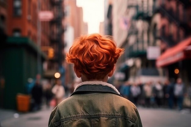 Photo ai generated back view portrait of candid authentic redhair little boy at urban street background