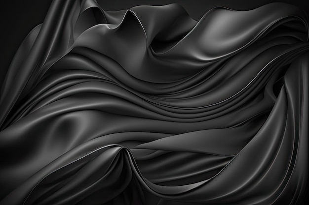 AI が生成した美しいエレガントな黒のソフト シルク サテン生地背景波と折り目