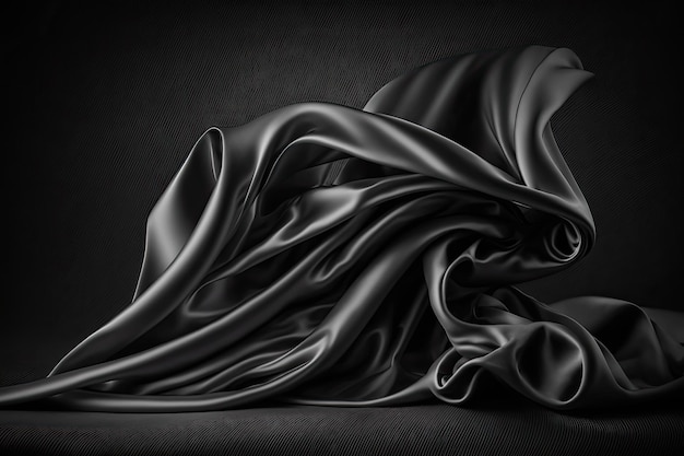 Photo ai generated beautiful elegant black soft silk satin fabric background with waves and folds