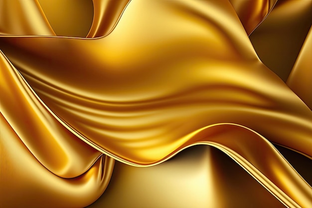 AI は、波と折り目を持つ美しいエレガントな金色の柔らかいシルク サテン生地の背景を生成しました。