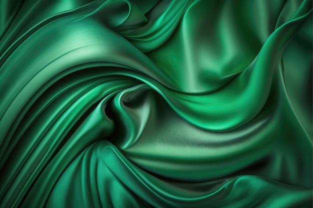 AI는 파도와 주름이 있는 아름다운 에메랄드 녹색 부드러운 실크 새틴 패브릭 배경을 생성했습니다.