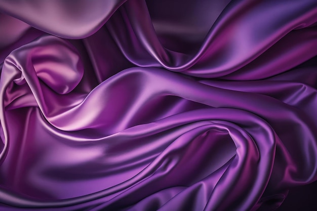 AI generated beautiful emerald purple soft silk satin fabric background with waves and folds