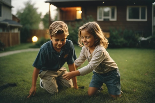 AI generated Brother and sister playing in the yard early 2000s flash photography