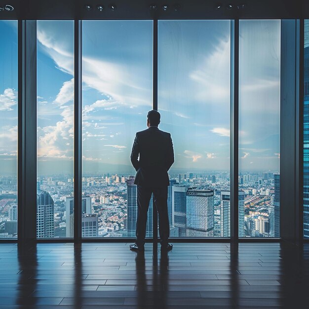 AI Generated businessman standing in office in front of a floortoceiling glass window