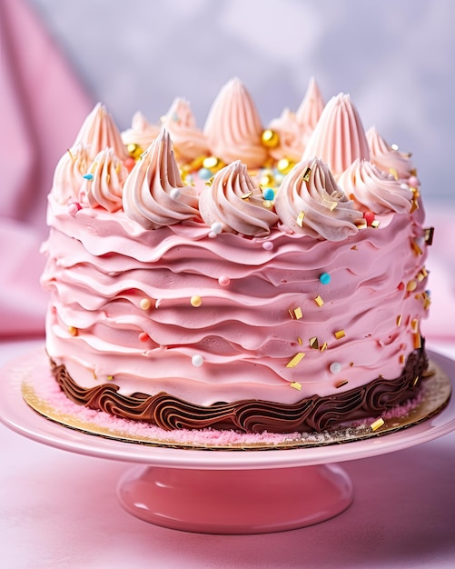 写真 ピンクのクリームとレースをあしらった ai 生成のビンテージ トレイのケーキ