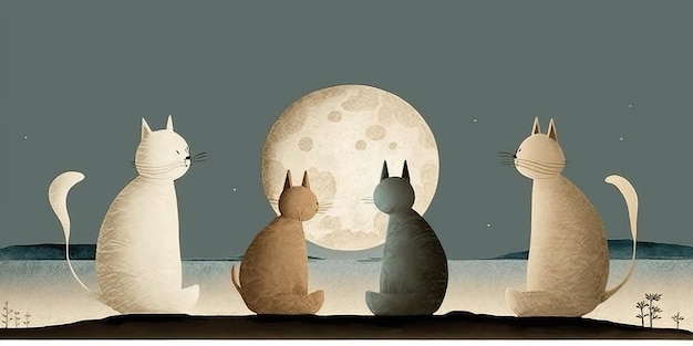 AI Generated Cartoon illustration of cats looking at moon Inspired by Jon Klassen AI Generative